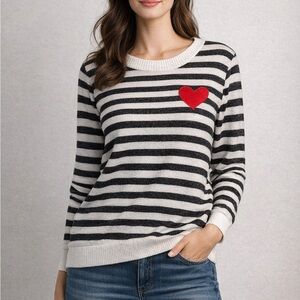 Bobeau Black White Stripe Sweater Red Heart Patch Crewneck Small